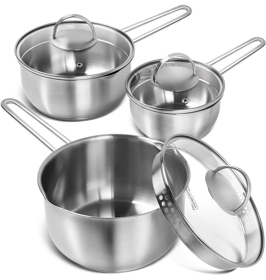 MICHELANGELO Stainless Steel Saucepan with Lid & Pour Spout 1QT & 2QT & 3QT, Tri-Ply Bottom Sauce Pan Set, Sauce Pot Set - 6 Pcs
