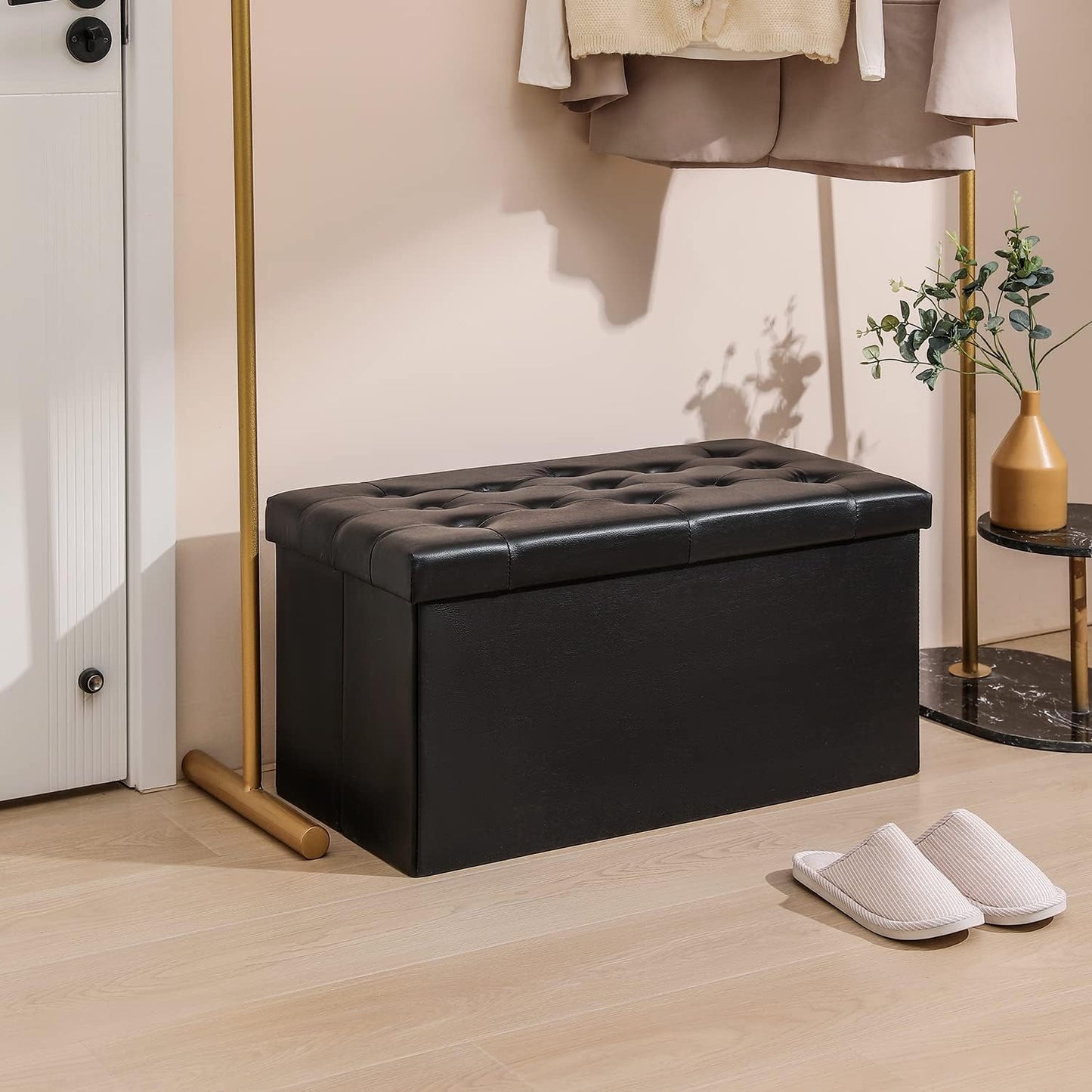 PRANDOM Extra Large Ottoman with Storage [1-Pack] Faux Leather Folding Small Square Foot Stool with Lid for Living Room Bedroom Coffee Table Dorm Black 30.5x15x15 inches