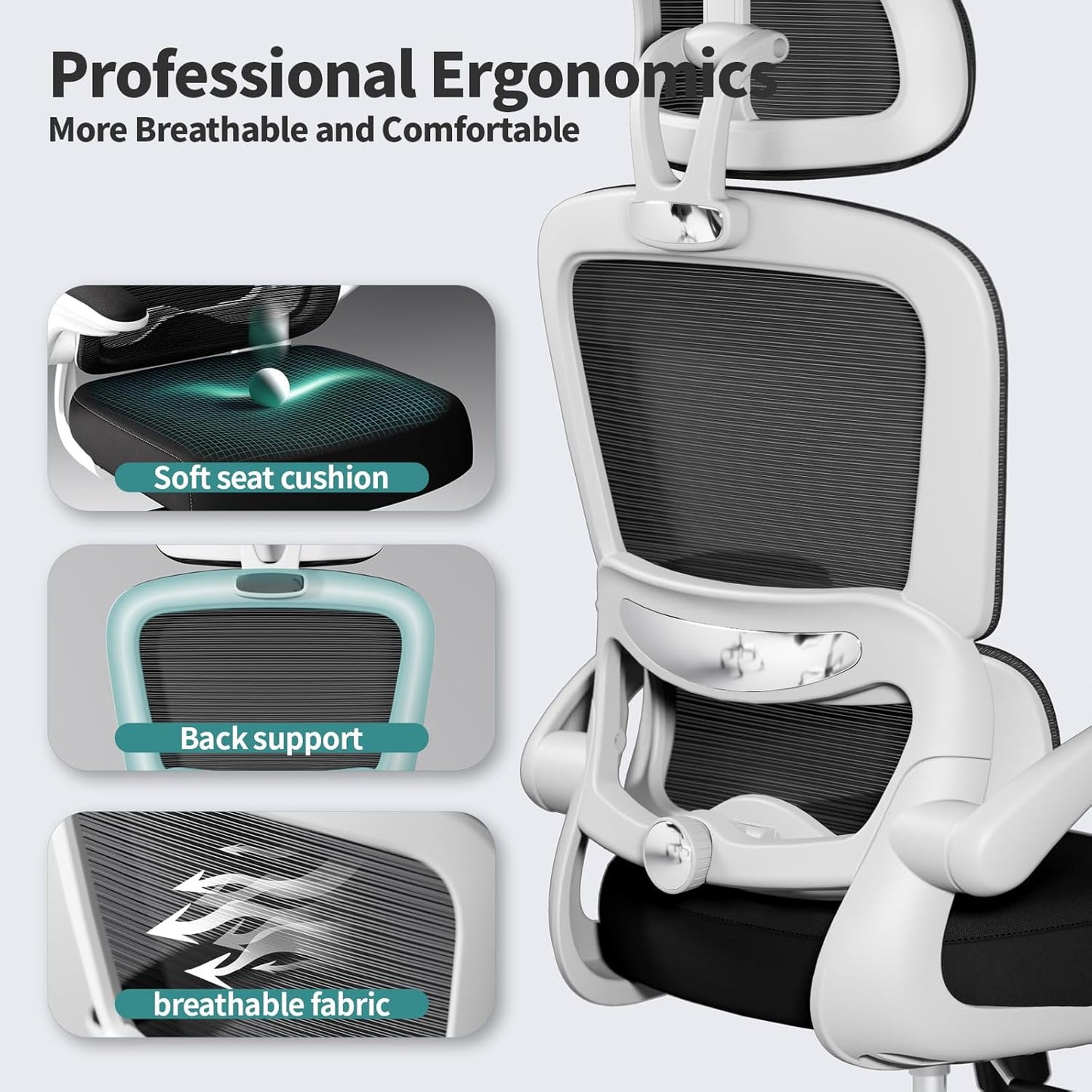 TRALT Office Chair Ergonomic Desk Chair, 330 LBS Home Mesh Office Desk Chairs with Wheels, Comfortable Gaming Chair, High Back Office Chair for Long Hours (Black & White)