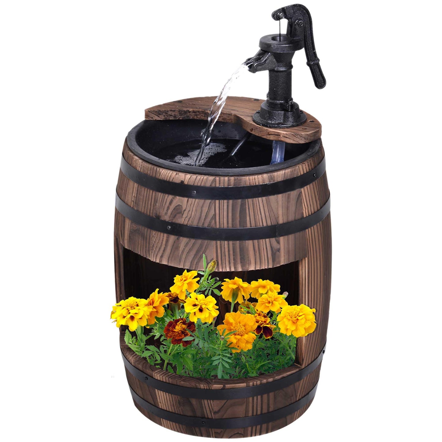Outsunny 23" H Outdoor Water Fountain Wood and Plastic Rustic Apple Barrel Pump Garden Decor for Outside Backyard