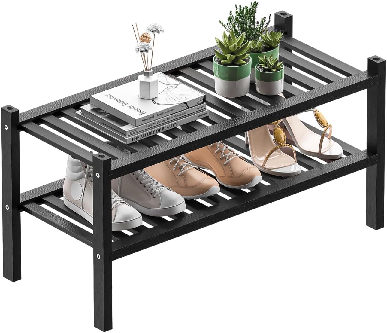 Shoe Rack 2-Tier Organizer-Stackable Storage Shelf with Multi-Function Combinations-Free Standing Bamboo Shoe Racks for Closet,Entryway,Hallway,Bathroom,Living Room Shoe Organization (Black, 2-Tier)