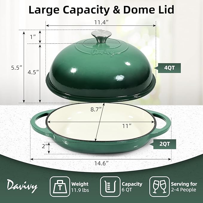 Davivy 6QT Oval Bread Dutch Oven with Domed Lid, Enameled Cast Iron Dutch Oven for Sourdough Bread Baking 6QT, Oval Cast Iron Sourdough Bread Pan with Lid - Forest Green