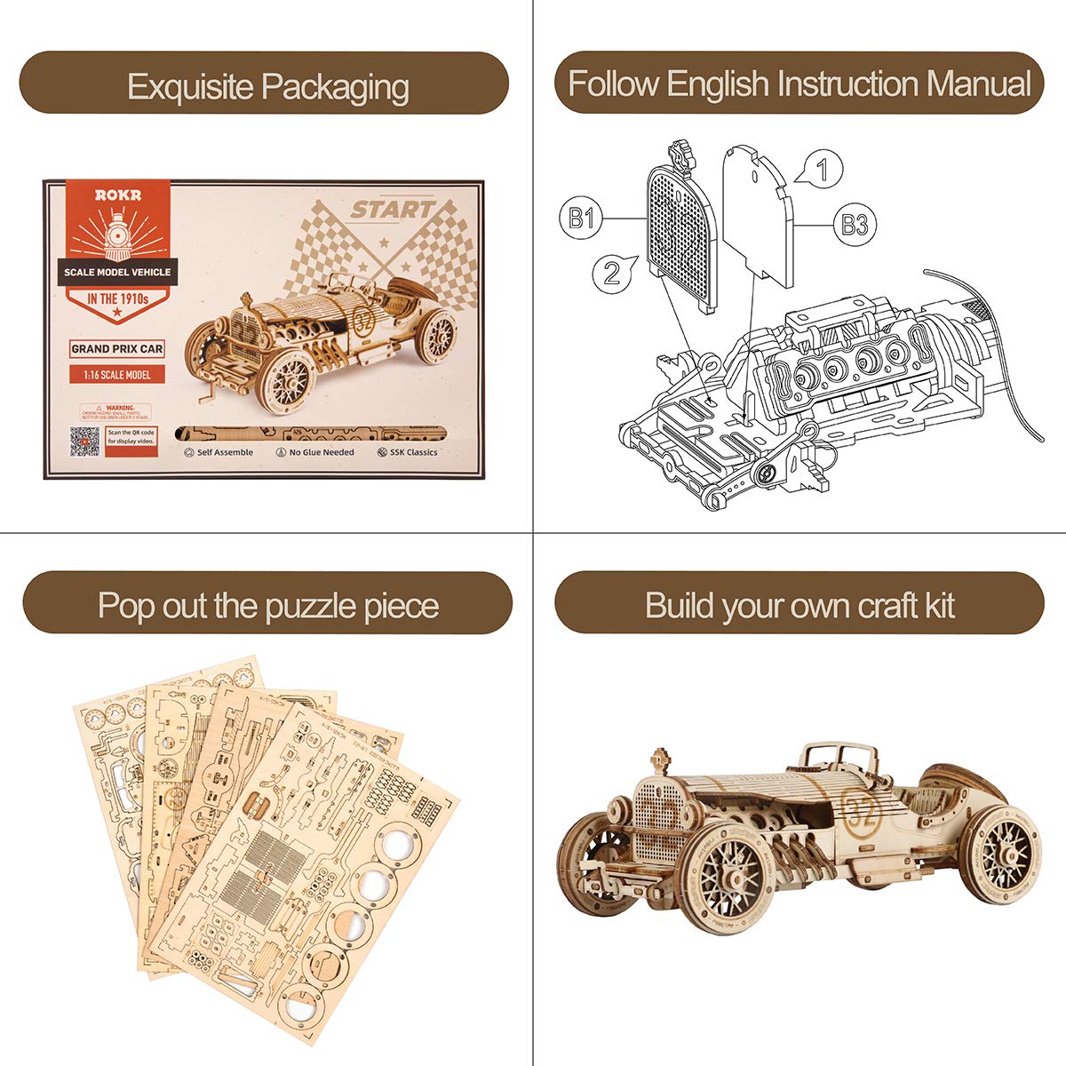 ROKR 3D Wooden Puzzle for Adults-Mechanical Car Model Kits-Brain Teaser Puzzles-Vehicle Building Kits-Unique Gift for Adults on Birthday/Christmas Day(1:16 Scale)(MC401-Grand Prix Car)