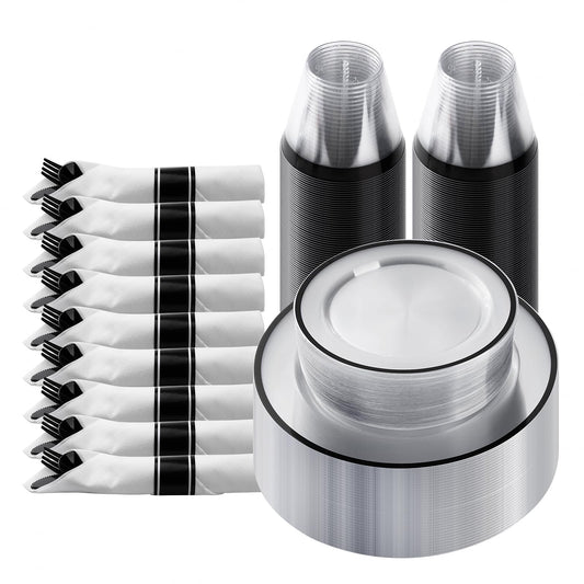 Goodluck 175 Piece Black Plastic Dinnerware Set for Party, Clear Disposable Plates for 25 Guests, Include: 25 Dinner Plastic Plates, 25 Dessert Plates, 25 Pre Rolled Napkins with Cutlery Set, 25 Cups