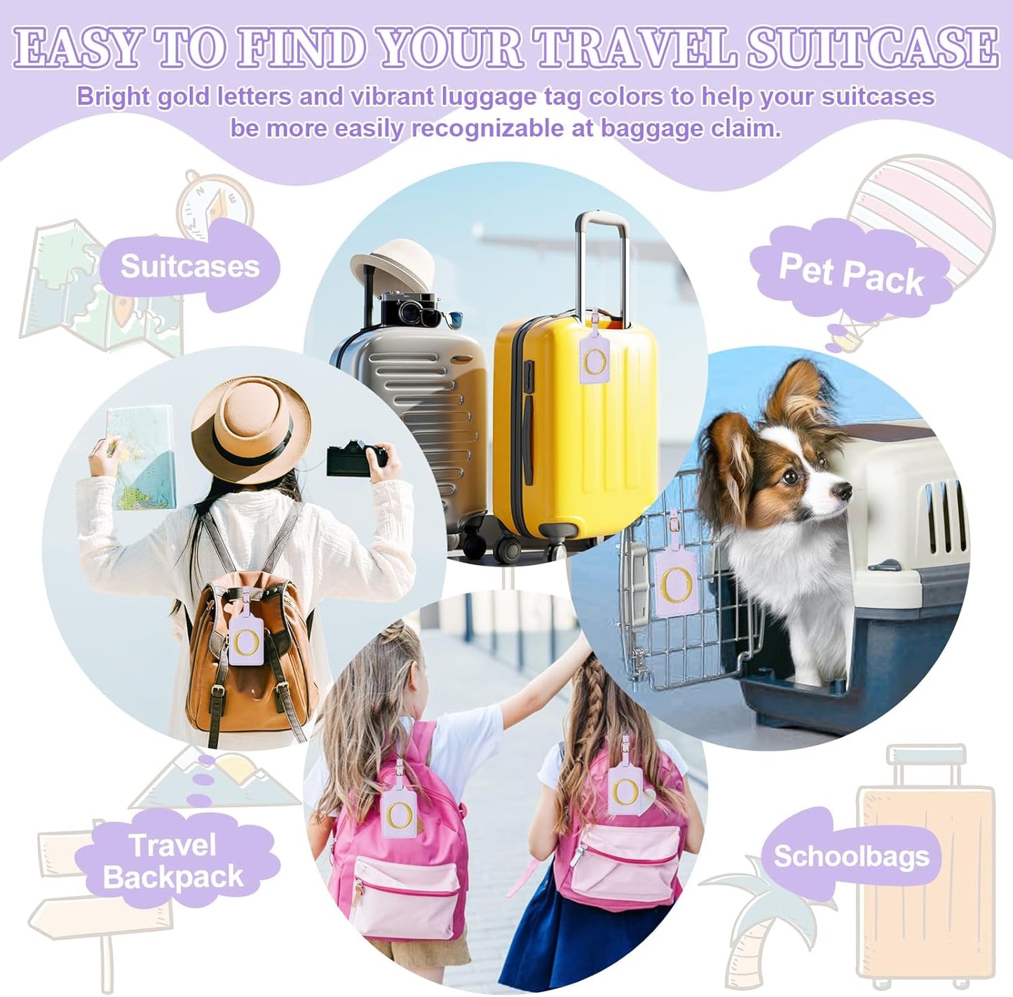 Personalized Initial Luggage Tags for Suitcase, Purple Leather Cute Luggage Tags with Privacy Cover Name Card, Embroidered Custom Monogrammed Luggage Tag Travel Backpack Tags Gifts for Women Kids(O)
