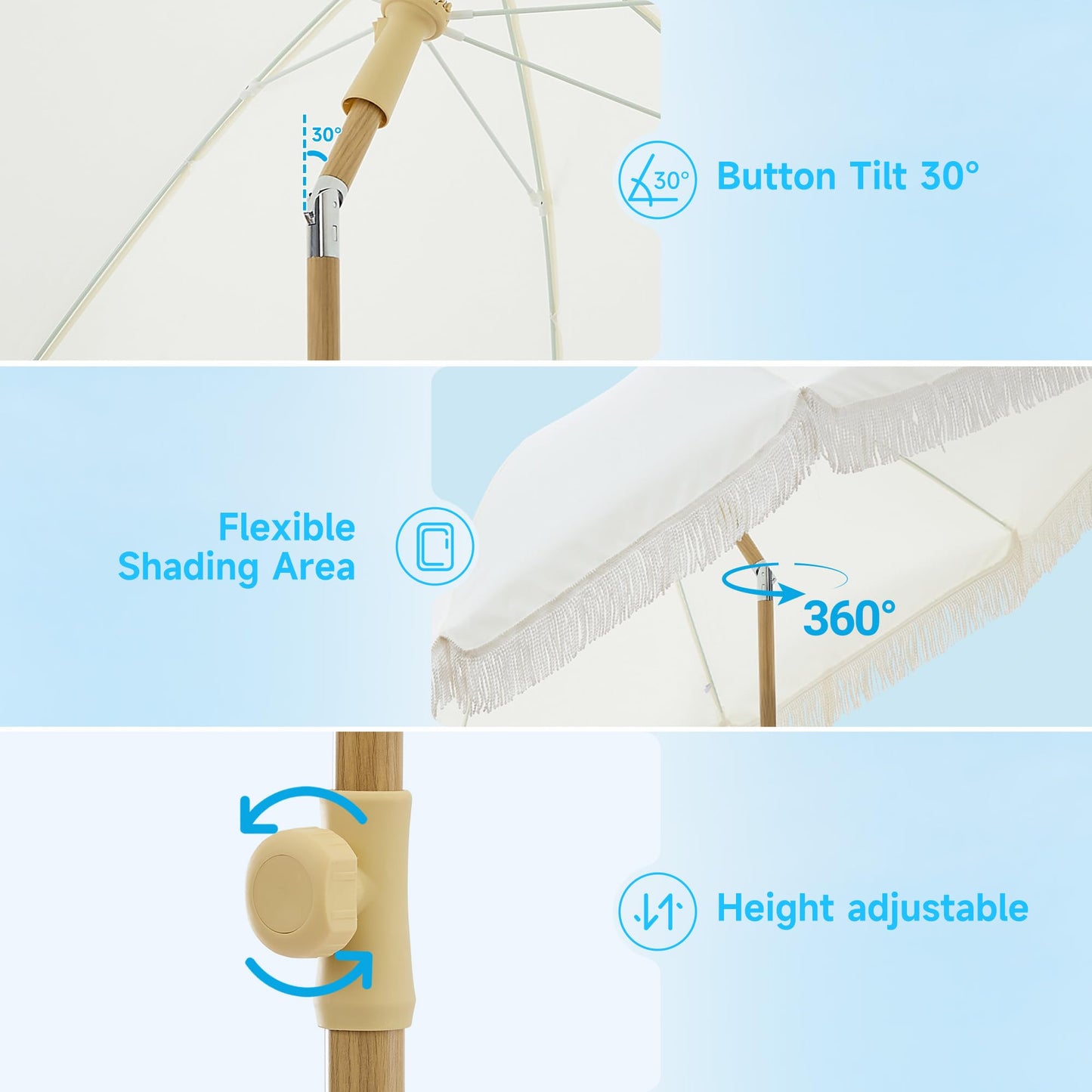 Kbrellaoutlets 7FT Boho Patio Umberlla with Fringe,UPF50+ Outdoor Umbrella with Fiberglass Ribs and Push Button Tilt,Tassels Umbrella for Beach,Terrace,Picnic (Belge)