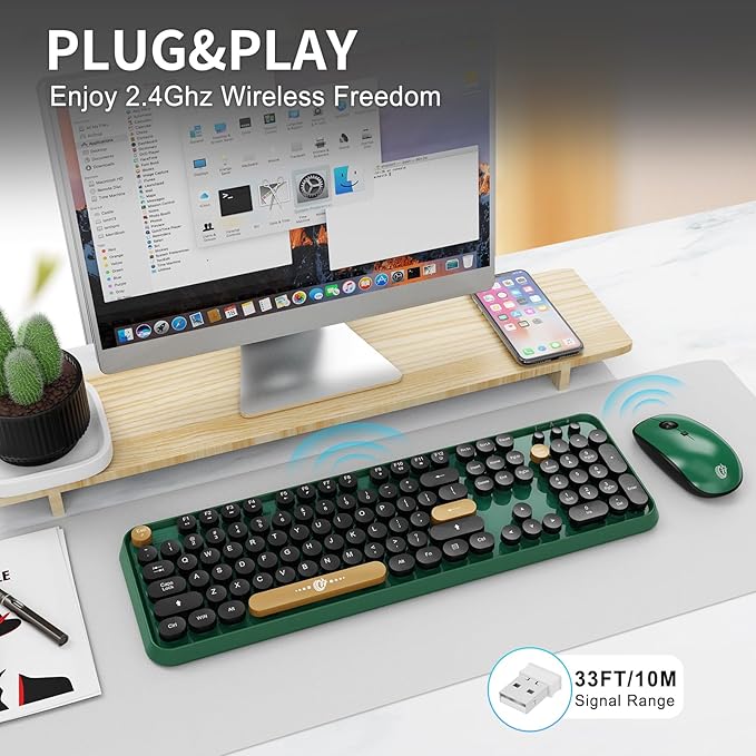 FD Wireless Keyboard and Mouse | Cute Colorful Keyboard and Mouse with 2.4GHz Cordless Retro Typewriter Keyboard | Auto-Sleep | USB Receiver for Windows PC/Laptop - Green Colorful