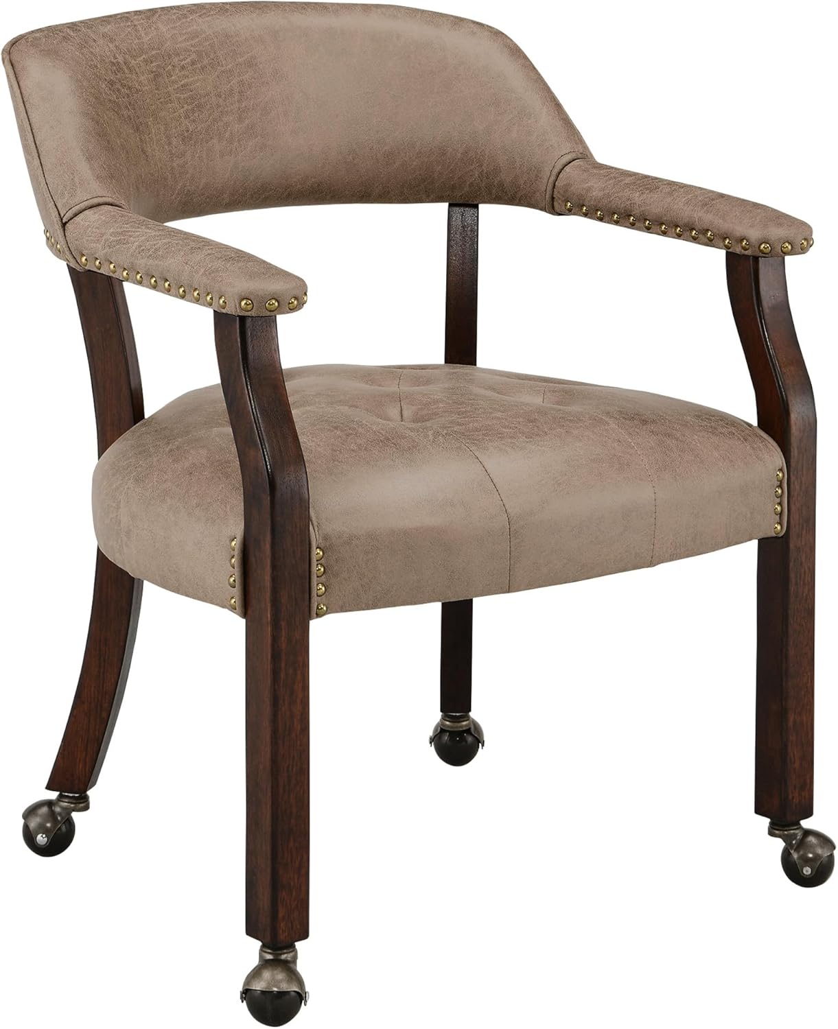 LEEMTORIG Large Dining Chairs with Casters and Arms, Rolling Dining Chairs with Wheels, Accent Wood Boss Caption's Chairs, 26" D x 25.2" W x 31.5" H, Espresso Legs & Yellowish Brown Fabric SY-318-LT