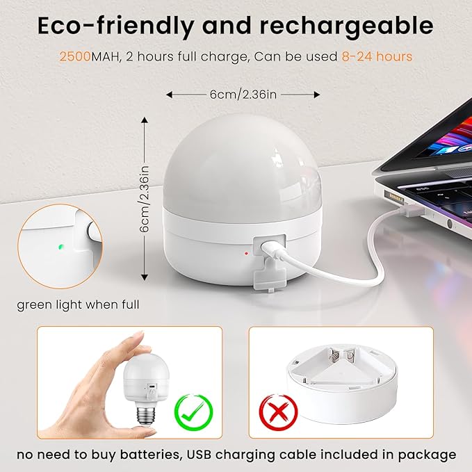 2Packs E26 Rechargeable Light Bulbs with Remote and Timer, 8W 600lm Bright Magnetic Light Bulbs, 2500mAh Battery Operated Lightbulbs, 3 Color Temperature, Dimmer for Non-Hardwired Lamp