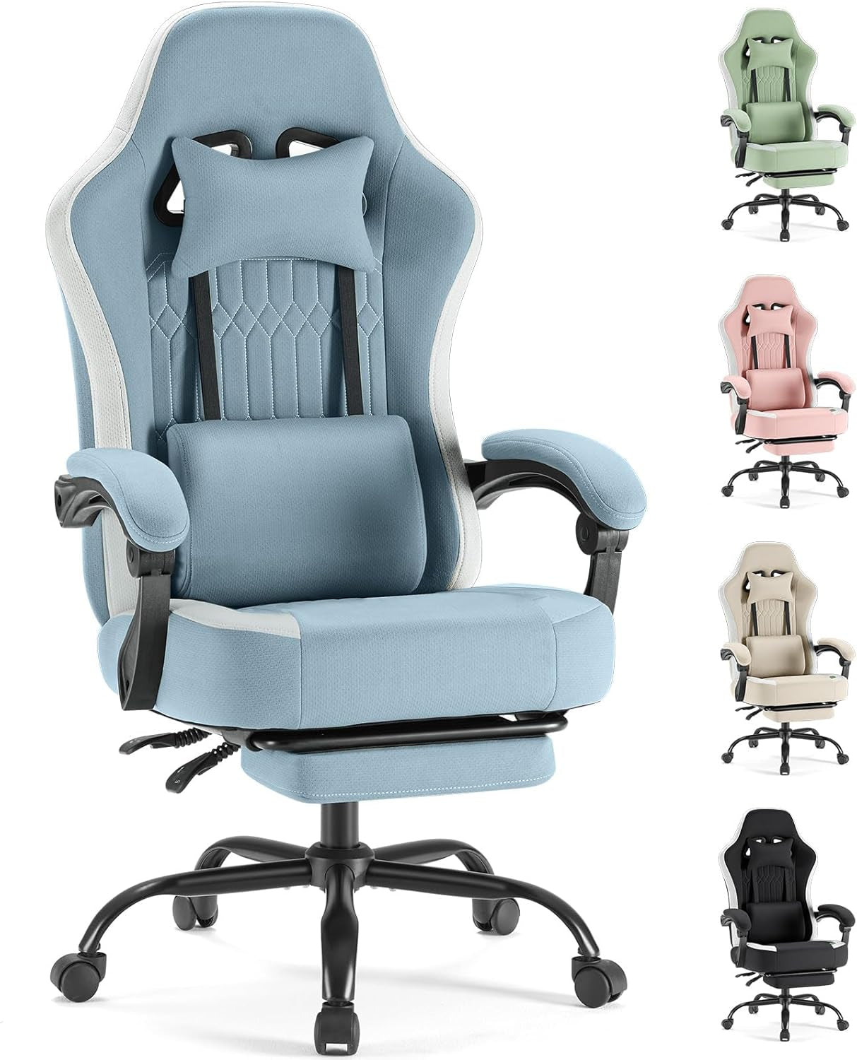 Office Chair - High Back Ergonomic Desk Chair with Footrest and Lumbar Support, Height Adjustable Task Chair with Linkage Armrests and Headrest, 360° Swivel Wheels, Blue