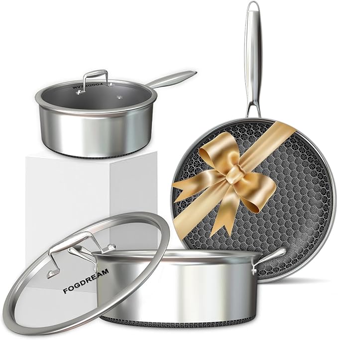 FogDream 5 Pcs Stainless Steel Cookware Set, 9.5in Non Stick Frying Pan, 5-Quart Soup Pot & 2.3-Quart Sauce Pan with 2 Lids, Stay-Cool Handles, Dishwasher & Oven-Safe, Induction Compatible, Silver