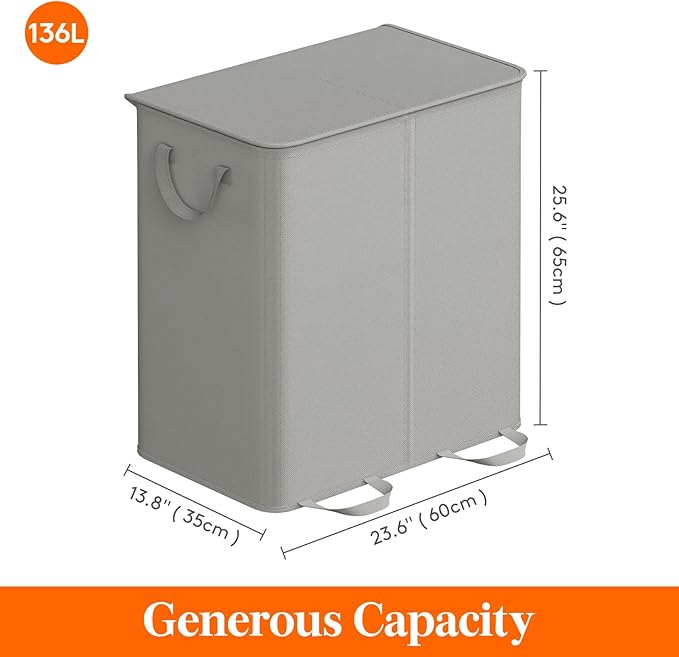 Lifewit Double Laundry Hamper with Lid and Removable Laundry Bags, Large Collapsible 2 Dividers Dirty Clothes Basket with Handles for Bedroom, Laundry Room, Closet, Bathroom, College, 136L Silver Gray