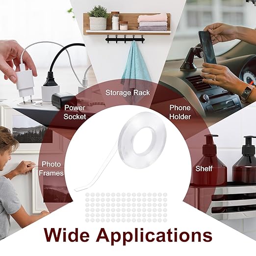 PATIKIL Double Sided Tape Heavy Duty, Transparent Nano Adhesive Mounting Tape for Picture Hanging Walls Decor, 1 Roll 5mx8mmx1mm Strip & 200 Pcs 8mmx1mm Circle