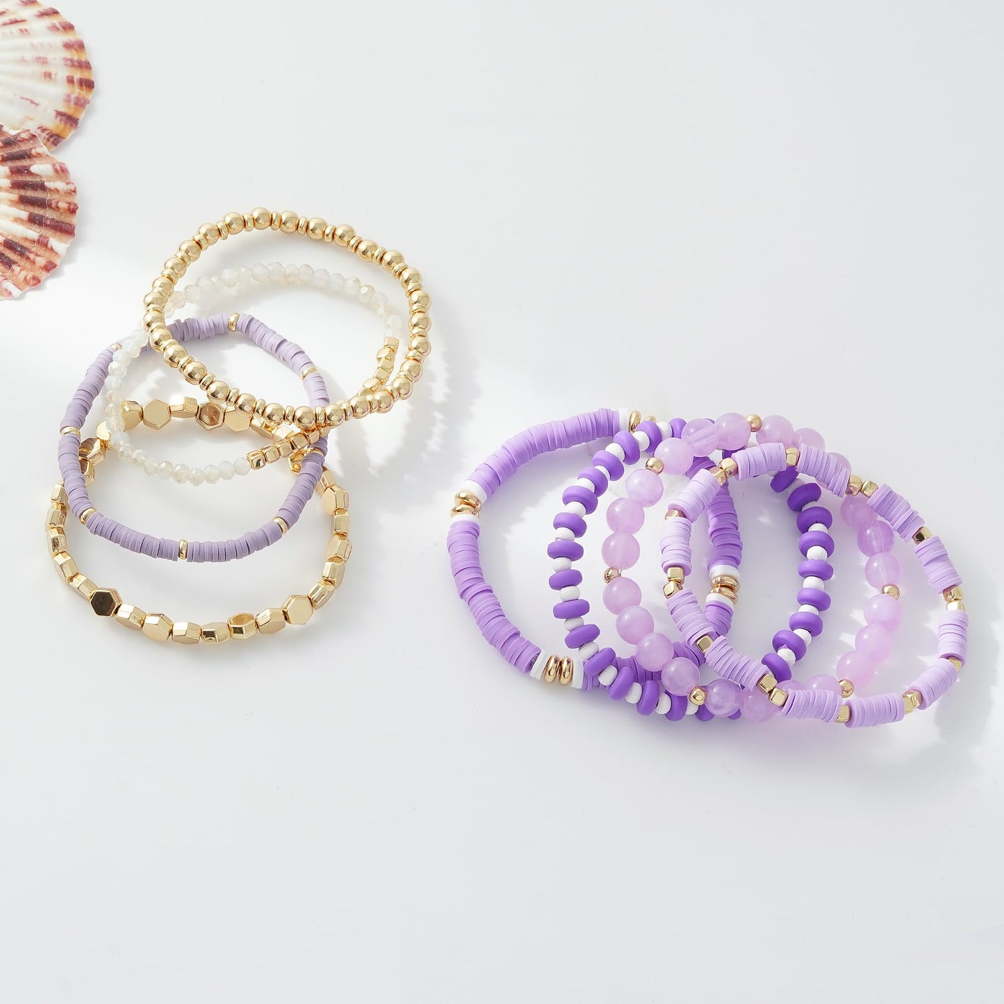 GOOJIDS Purple Surfer Heishi Clay Bead Bracelets for Women Bohemian Stackable Gold Plated Beaded Stretch Bracelets Elastic Layering Friendship Bracelets Set Boho Jewelry