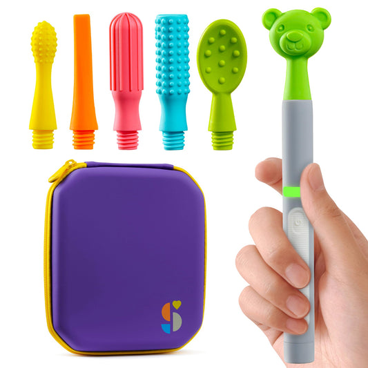 Special Supplies Buzz Buddy Oral Motor Stimulation kit with 6 Soft Textured Interchangeable Heads, Calm Sensory Needs, Support Speech, and Stimulate Self Feeding, Gentle Vibrations (Grey)