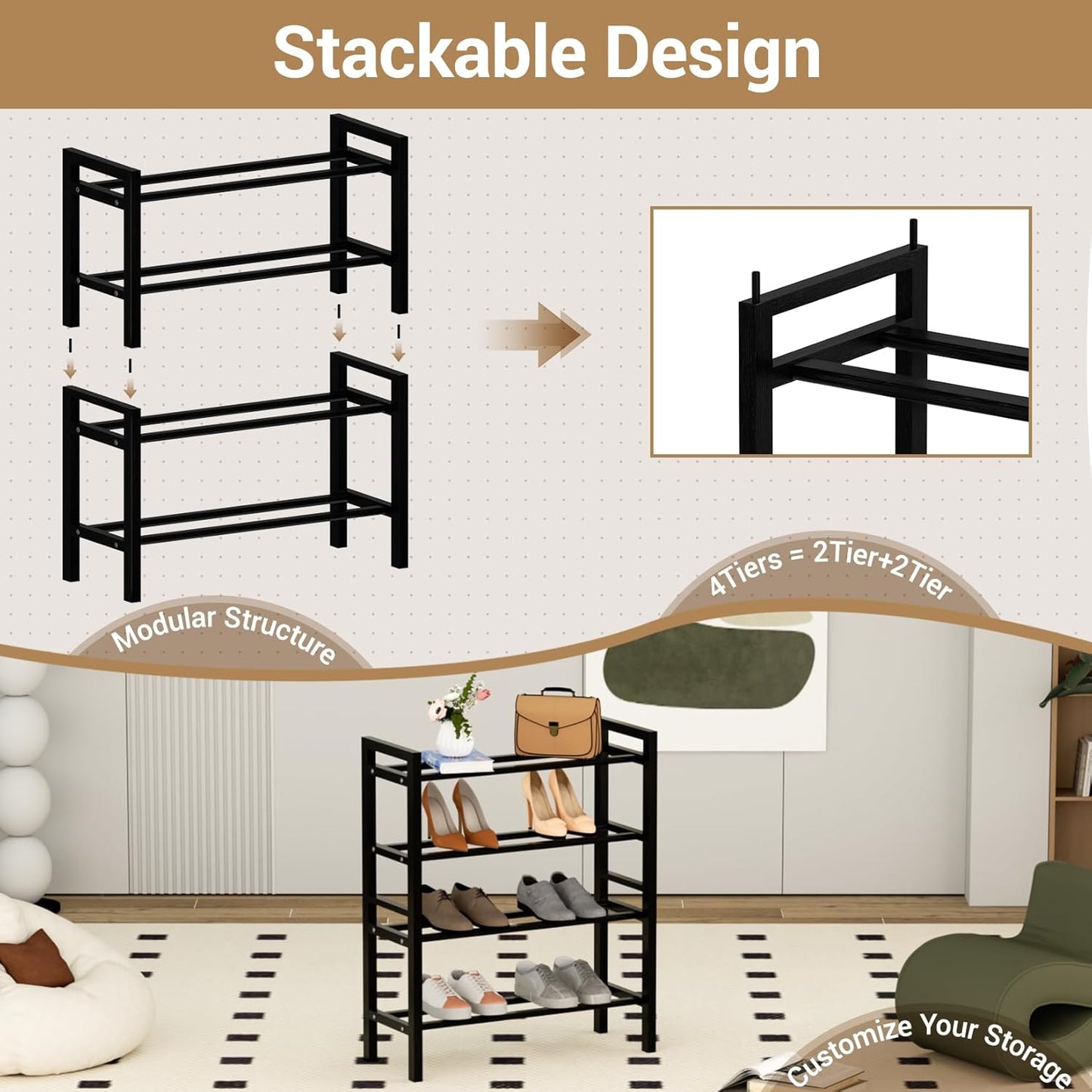 Haddockway Bamboo Shoe Rack for Closet, Free Standing Shoe Organizer with Smooth Round Rods & Convenient Handles, Stackable Shoe Storage Shelf for Entryway, Hallway(Black, 4-Tier(Small))