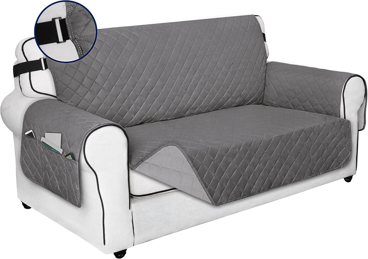 PureFit Reversible Sofa Cover Water Resistant Loveseat Couch Cover, Machine Washable Furniture Cover with Non-Slip Foam and Adjustable Strap for Dogs, Pets (Loveseat, Gray/Light Gray)