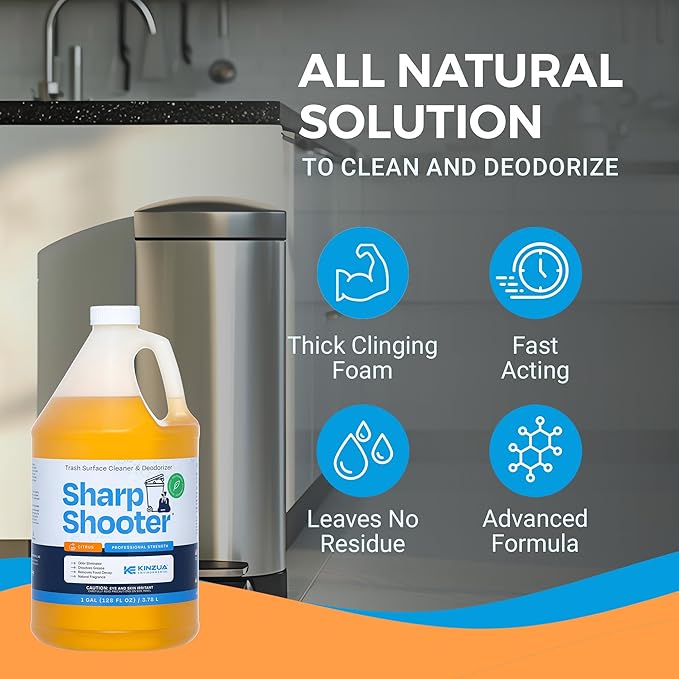 KINZUA ENVIRONMENTAL Sharpshooter, Heavy-Duty Trash Can Odor Eliminator & Degreaser, Garbage Surface Cleaner and Deodorizer Foam, Professional-Grade, Fresh Citrus Scent, 1 Gallon