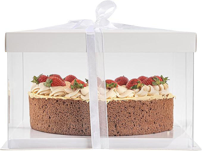 Restaurantware-Sweet Vision 10 Inch x 8.25 Inch Transparent Cake Boxes, 10 Grease Resistant Base Clear Cake Boxes - White Lid, Gray Ribbon, Plastic Birthday Box, For Weddings Or Birthdays