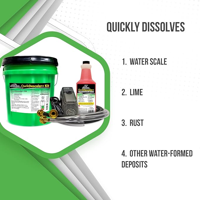 QwikDescaler + Concentrated Descaler Solution, Tankless Water Heater Descaling Solvent for Heat Exchanger, Quickly Dissolves Scale, Lime, Tarnish and Deposits, 1 Quart