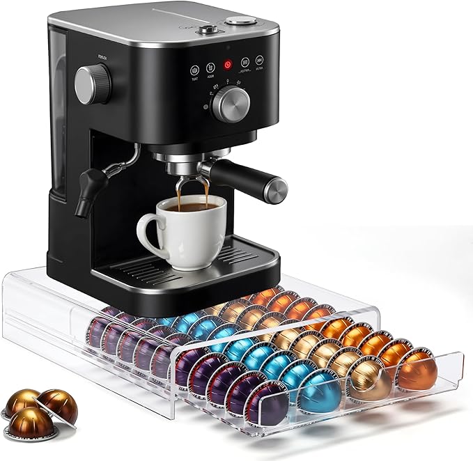 Clear Acrylic Coffee Pod Drawer for Nespresso Vertuo – 40-Pod Double-Sided Pull-Out Organizer