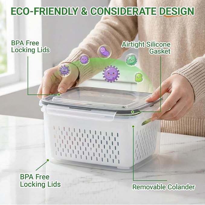 10PCS Fruit Storage Containers for Fridge, Leakproof Produce Containers for Fridge with Removable Colander, All-In-One Fruit Containers Stainers Berry, Fruits, Vegetables, Lettuce Keeper Local Stock