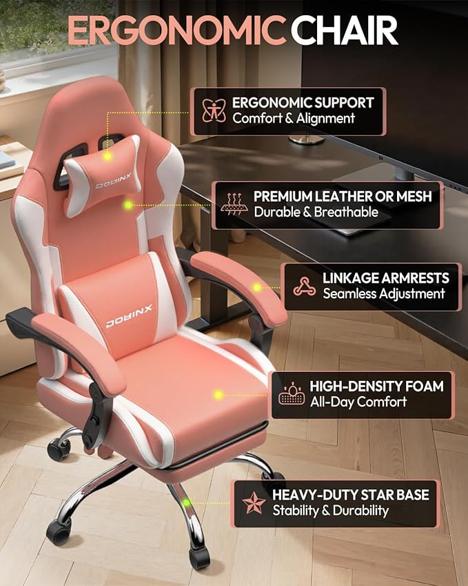 Dowinx Ergonomic Pink Gaming Chair with Footrest & Massage Lumbar, 2D-Linkage Armrests for Cute Aesthetic Esports Chair for Girls, Office, Home and Long Gaming Sessions, Pink