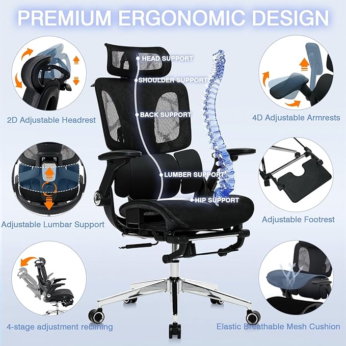 Ergonomic Office Chair with Footrest, High Back Desk Chair Computer Gaming Chairs with 4D Armrests, Adjustable 3-Zone Dynamic Lumbar Support, Ergonomic Mesh Chairs with Wheels, Black
