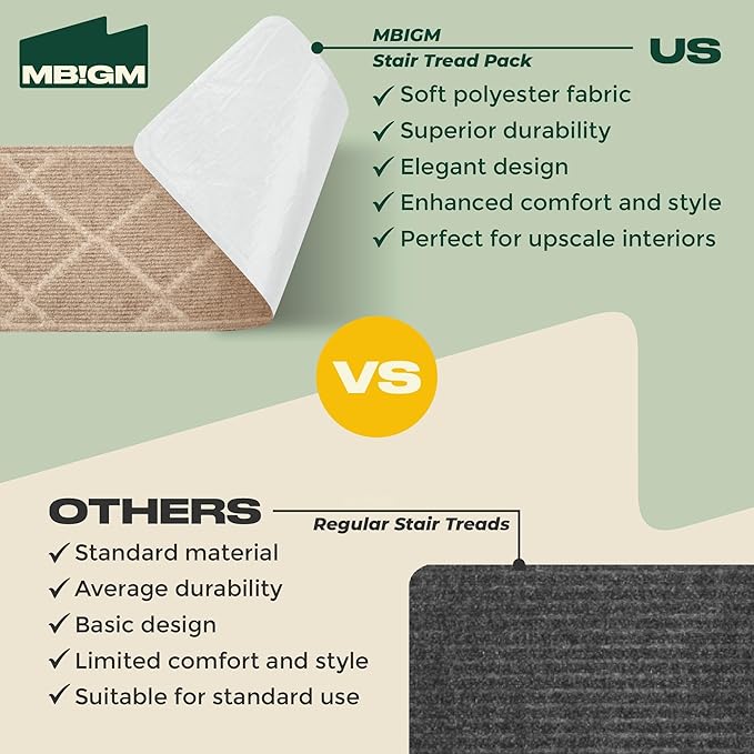 MBIGM 8" X 30" (15 in Pack) Non-Slip Carpet Stair Treads Non-Skid Safety Rug Slip Resistant Indoor Runner for Kids Elders & Pets with Reusable Adhesive - Cornstalk Diamond Weave