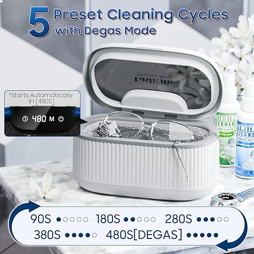 Ultrasonic Cleaner Set with Basket and Holder-45KHz 20oz w/Light & Degas, 200ML Jewelry and Retainer Cleaner Solution for All Jewelry, Rings, Eyeglasses (Gray, Ultrasonic Cleaner+Cleaning Solution)