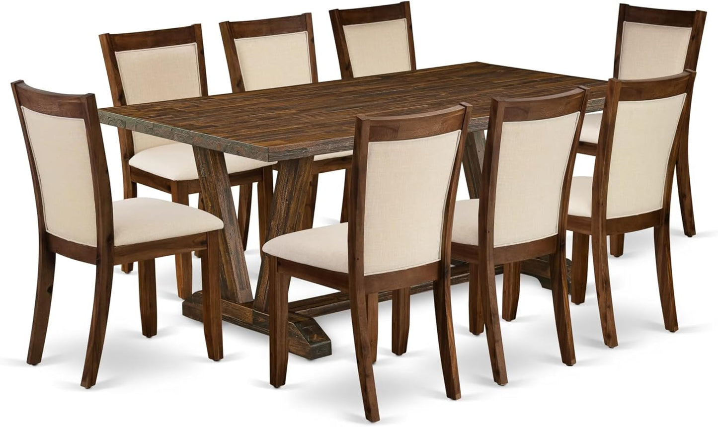 East West Furniture V777MZN32-9 9 Piece Dining Room Furniture Set Includes a Rectangle Dining Table with V-Legs and 8 Light Beige Linen Fabric Upholstered Chairs, 40x72 Inch, Multi-Color