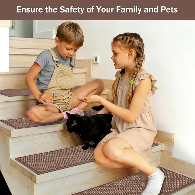 Natural Linen Non Slip Stair Treads, 15 Pack 8" X 30" Carpet Stair Treads with Reusable TPE Adhesive Backing, Non Slip Stair Runner Indoor for Kids Elders and Pets, Machine Washable, Brown Weave