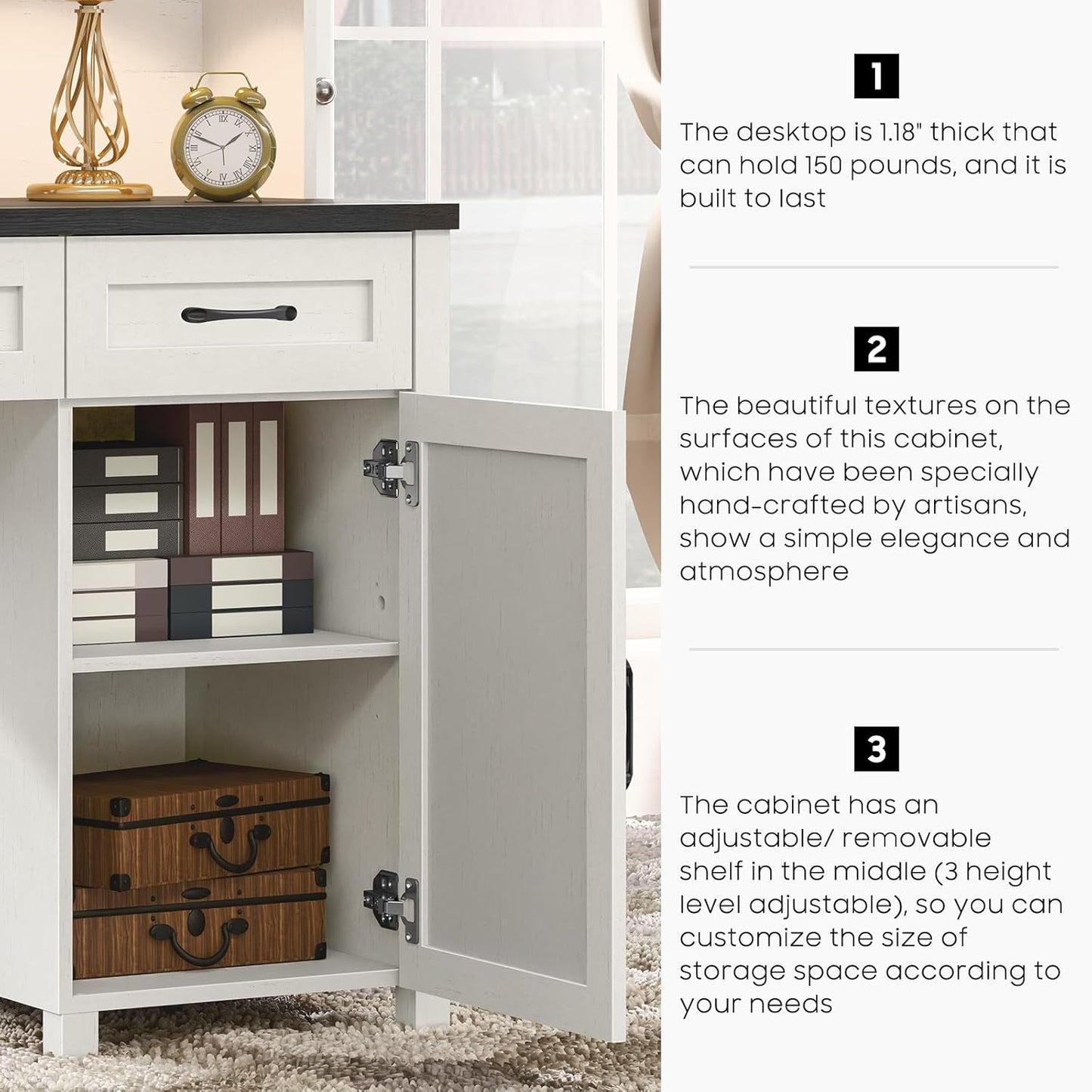 67''H Farmhouse Executive Desk with Hutch & 5 Drawers, Rustic Office Desks Computer Desks with Charging Station, File Drawers and Storage Cabinets, Wood Workspace for Home Office & Study,Black.