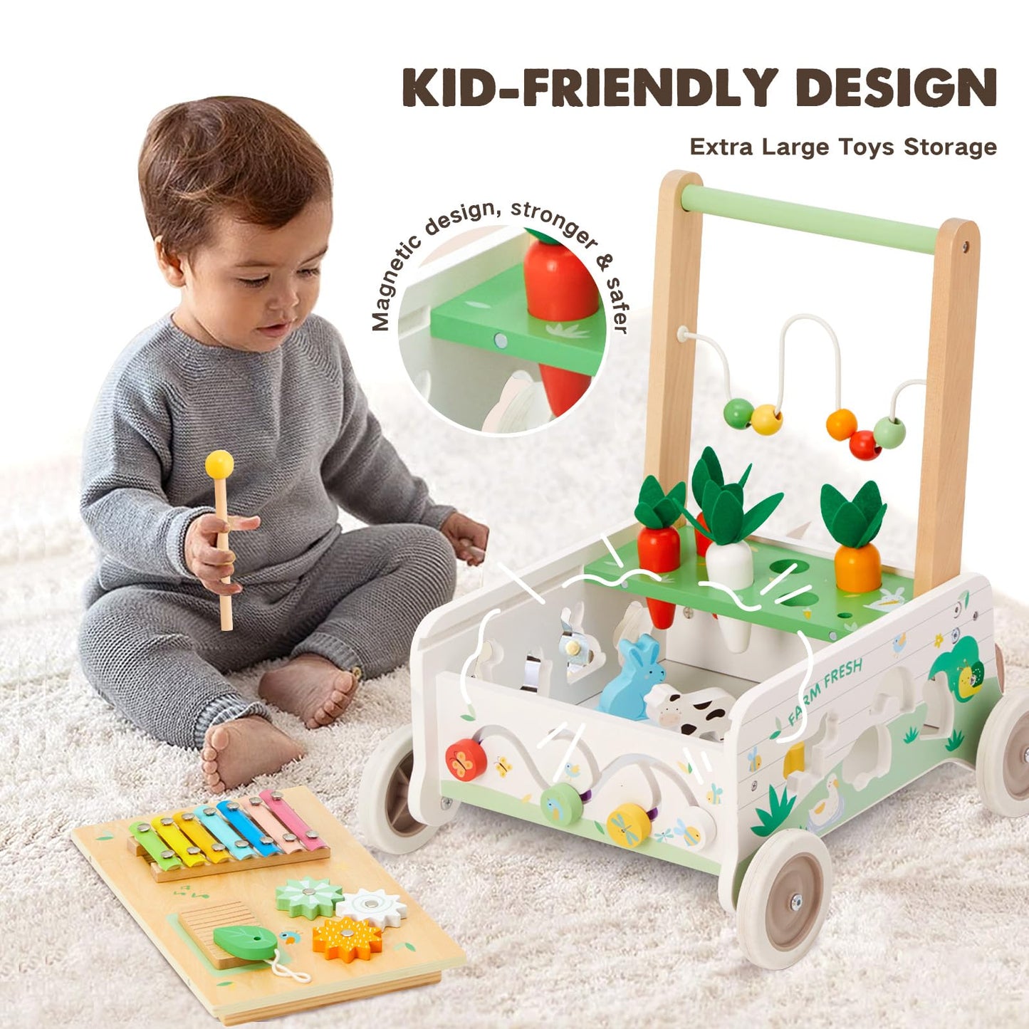 Wooden Baby Walker, Baby Push Walker, Adjustable Speed Baby Walker with Wheel, Toddler Activity Center Toys, Montessori Farm Walker Toy with Shape Sorter, Carrot Harvest for Boys and Girls