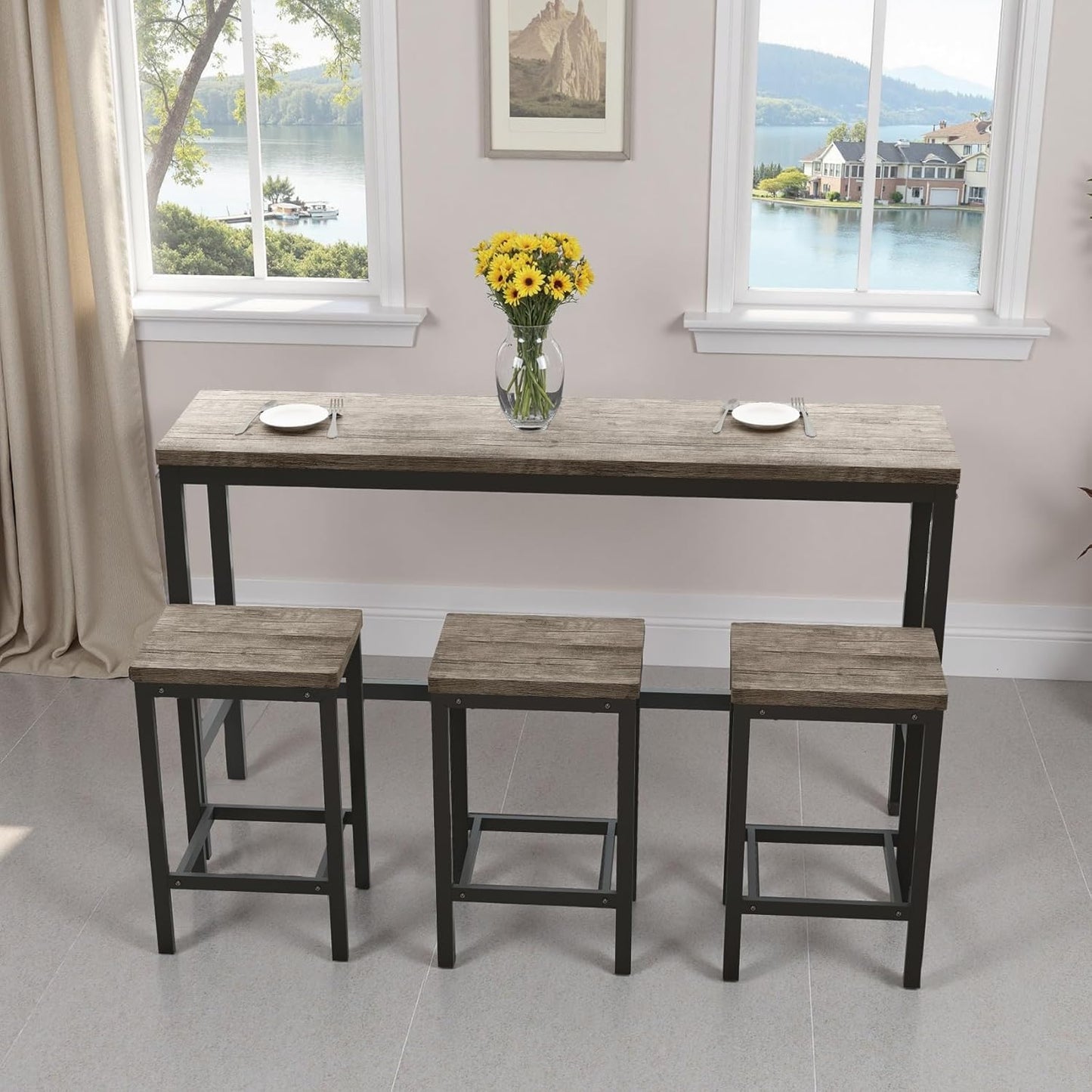 KEIKI 60.24” Long Bar High Top Dining Table and 3 Stools Chairs Set, Wood Behind Couch Sofa Counter Height Pub Furniture for Breakfast, Kitchen Living Party Room, Brown Grey