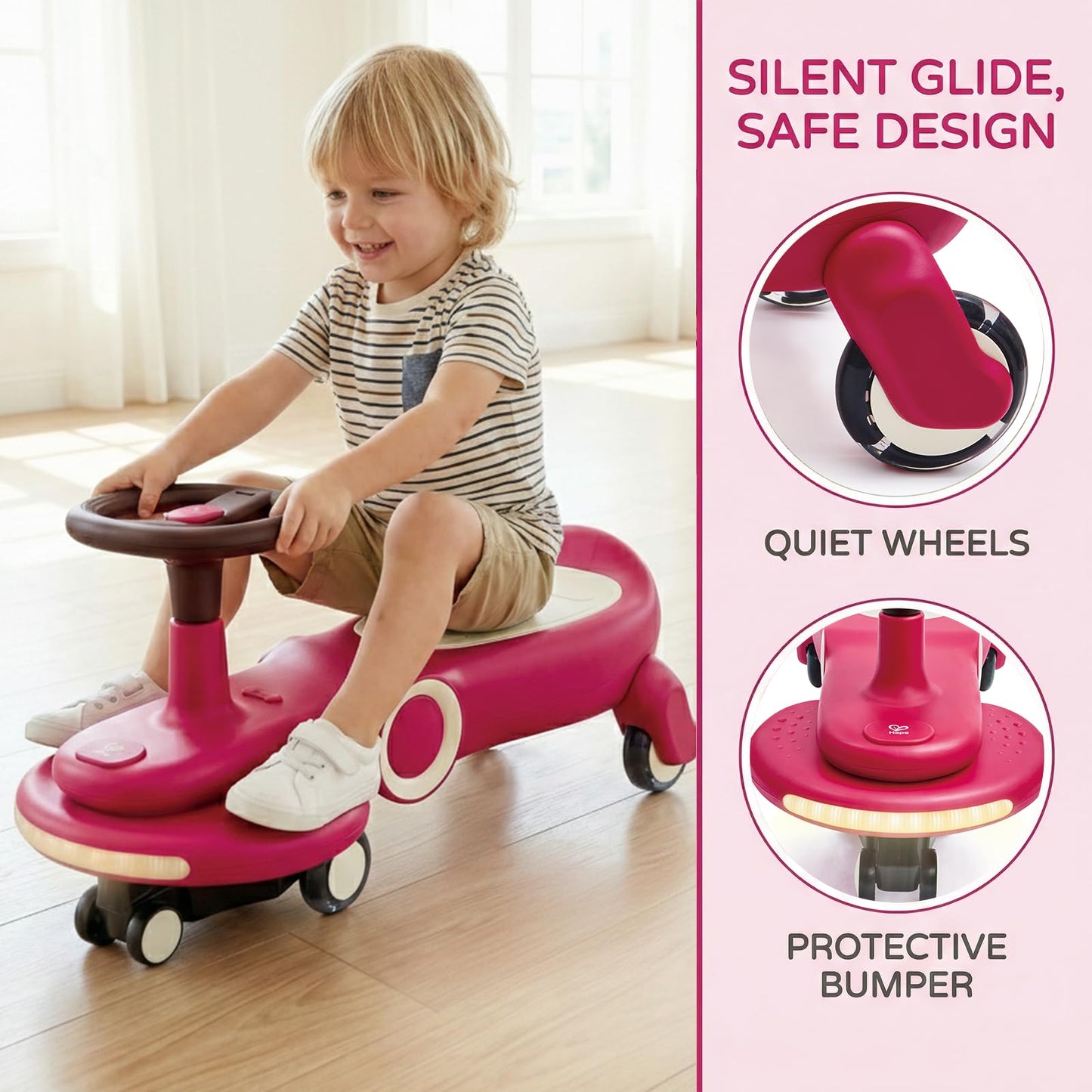 Hape Wiggle & Giggle Ride-On Car for Kids & Adults - No Assembly Wiggle Car with LED Lights, 8 Songs & Silent Wheels - 2-in-1 Parent-Child Ride-on Toy for Balance & Coordination, Ages 2-8 Years