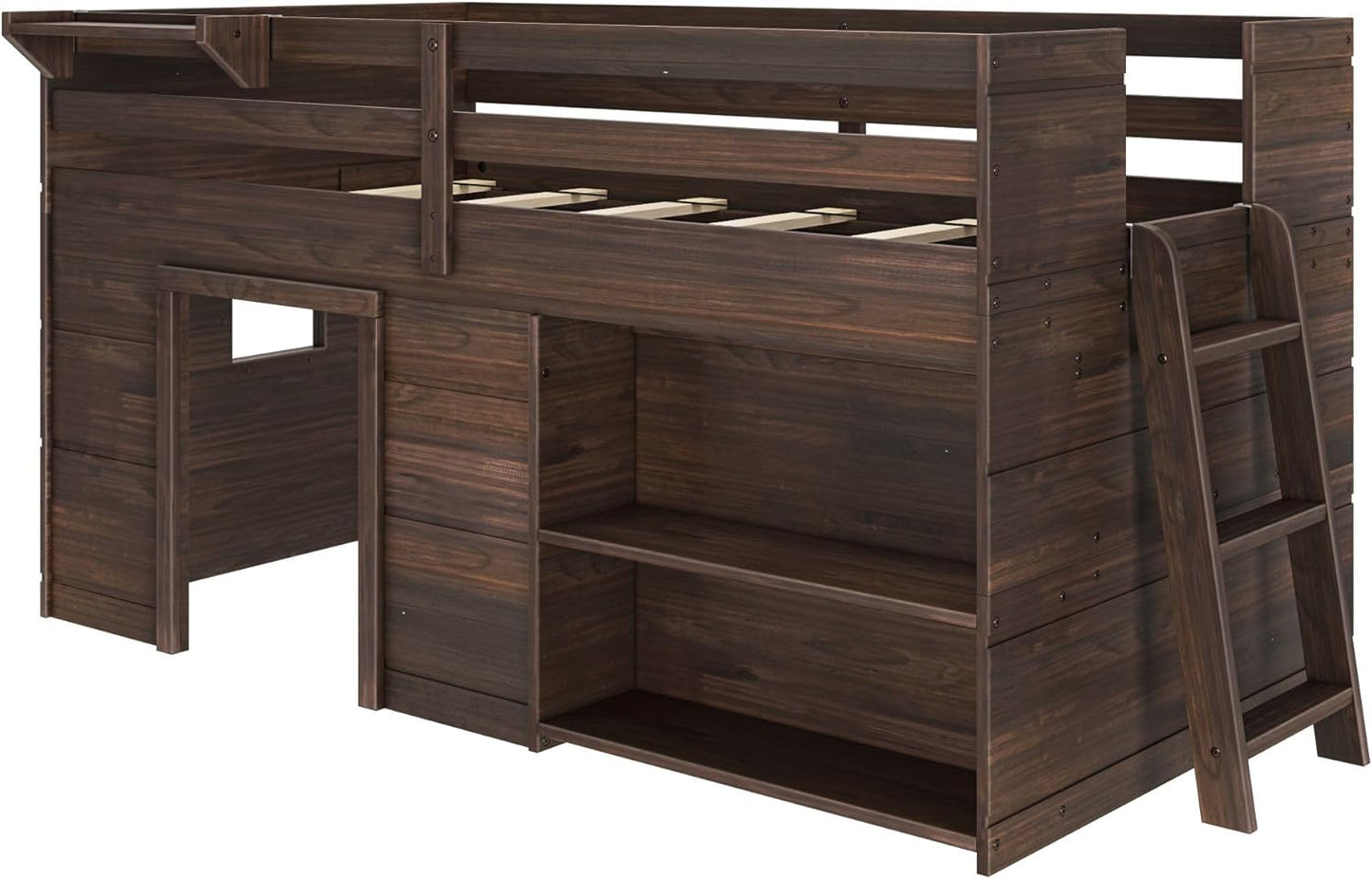 Max & Lily Modern Farmhouse Twin Low Loft Bed with Bookcase - Solid Wood, 15” Guardrails, 400-lb Capacity, Low-VOC Finish, Barnwood Brown