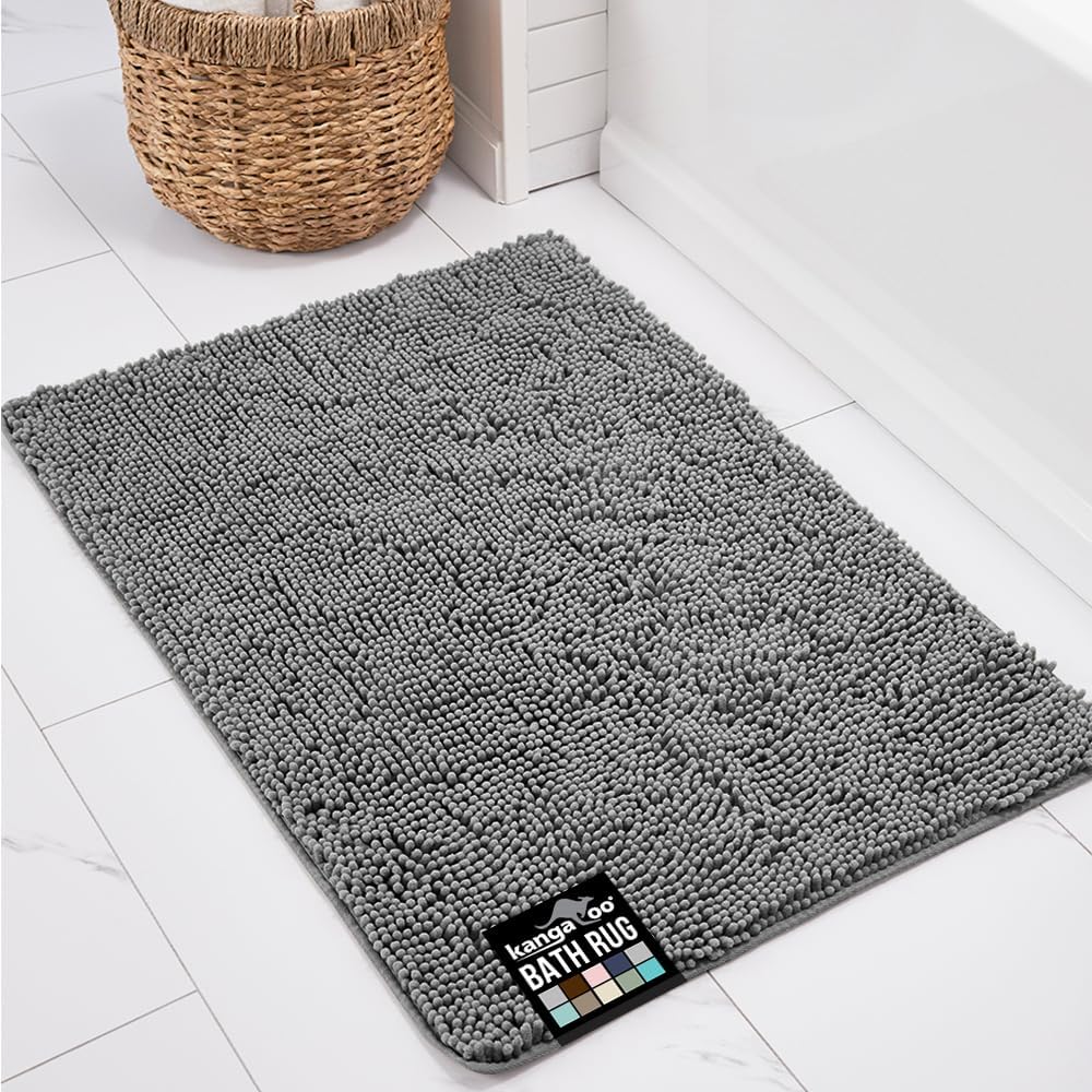 KANGAROO Bathroom Rugs, Chenille Soft Absorbent Bath Rug, Shaggy Shower Mat, Quick Dry Machine Wash Bathmat, Plush Carpet Mats for Tub, Bathtub and Room Home Decor Accessories, 42x24, Gray