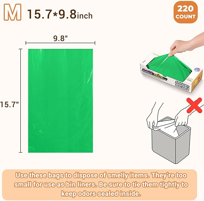 Odor-Sealing Dog Poop Bags 220 Count, Extra Strong Odor Control, Mutil-Layer Unscented Pet Waste Bags with Leak-Proof Design, Ideal for Dog Walks & Backyard Cleanup (Size:M, Color:Green)