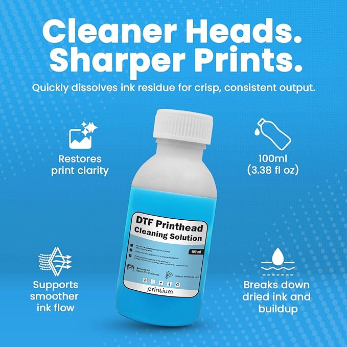 DTF Printhead Cleaning Solution 100ML (3.38 fl oz) – Nozzle Cleaner for All DTF Printheads Including I3200, XP600, L1800, ET8550, XP15000 – Removes Clogs & Dried Ink, Restores Smooth Flow