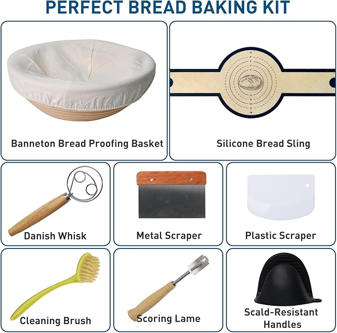 Cast Iron Bread Oven for Baking, 6QT Multi-Functional Dutch Oven Pot with Lid, Include Proofing Basket, Silicone Sling & Dough Whisk, Round Bread Pot for Sourdough Bread Baking, Cooking, Frying