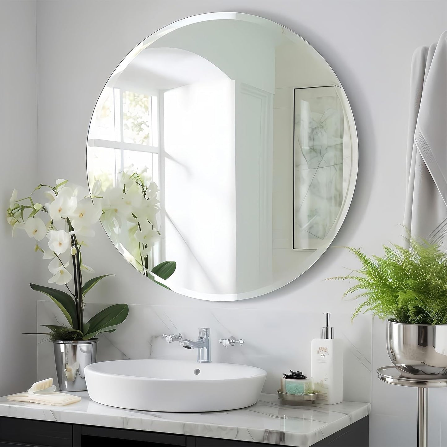 KOHROS Frameless Round Bathroom Mirror for Over Sink 24" x 24" Circle Mirror Beveled Edge Wall Mirror for Bathroom Vanity Entryway Bedroom