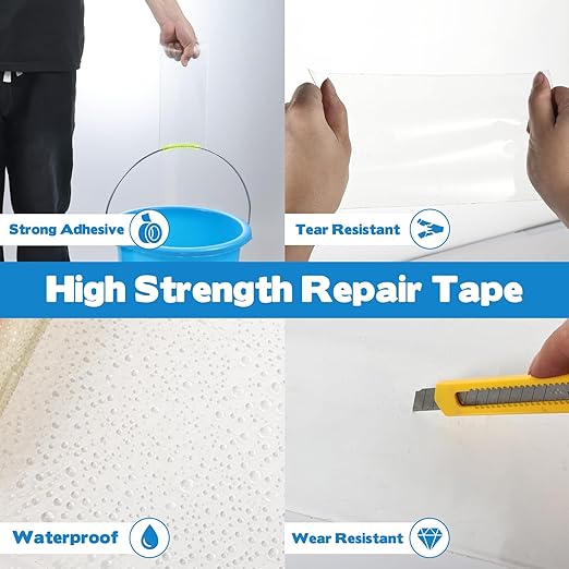 4.5Inch x 11FT Clear Waterproof Repair Tape with Scissors for Fabric, Awning, RV Roof, Tarp, Tent, Boat Cover – Heavy-Duty Polyurethane, UV & Heat Resistant Tear Repair Pctch Kit (1)
