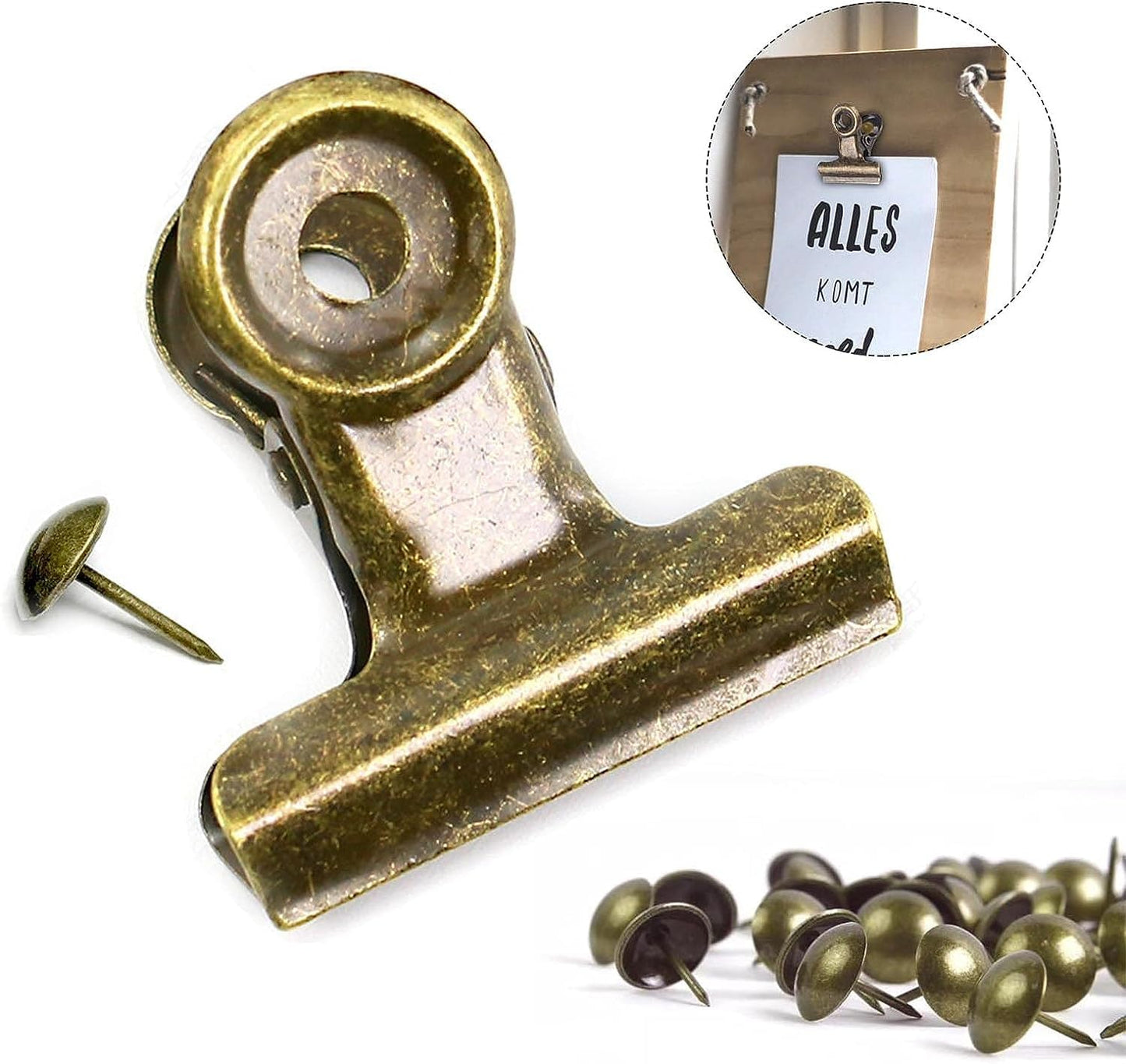 10 Pack Bulldog Clips with 10 Push-pins, Paper File Clips with Strong Spring, Large Metal Binder Clips, Seal Clamps for Coffee Tea Food Bags(Bronze,2inch)