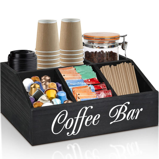 ugiftt Coffee Station Organizer for Counter, Wood Coffee Pods Holder Storage Basket, Tea Condiment Storage Organizer, Rustic Coffee Bar Decor for Coffee Accessories Organizer