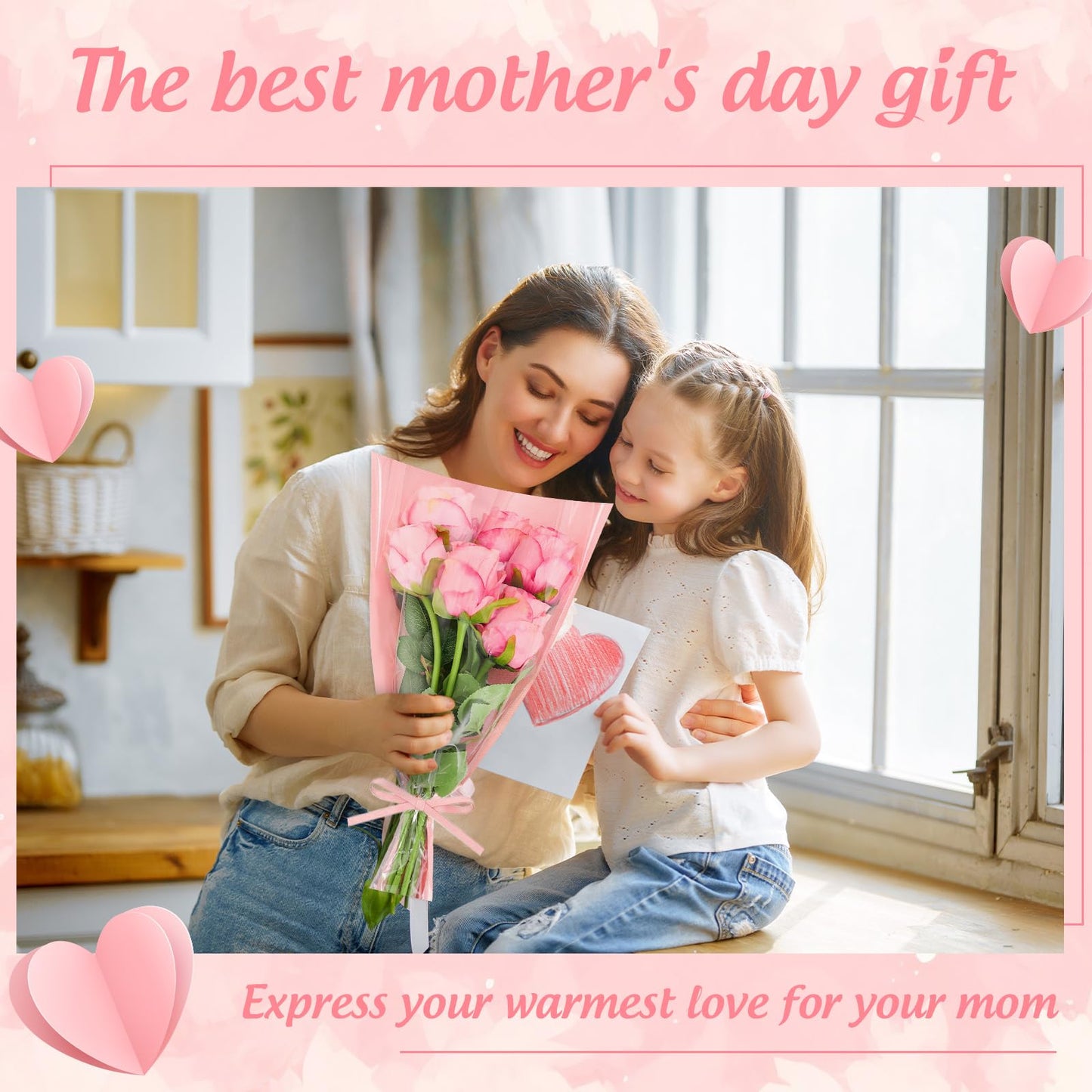 Whaline 50 Pcs Pink Flower Wrapping Bags Clear Kraft Flower Bag for Bouquets Large Floral Wrapping Sleeves for Graduation Wedding Valentine Mother's Day Birthday Florist Supplies, 17.9 x 9.8 x 3.9Inch