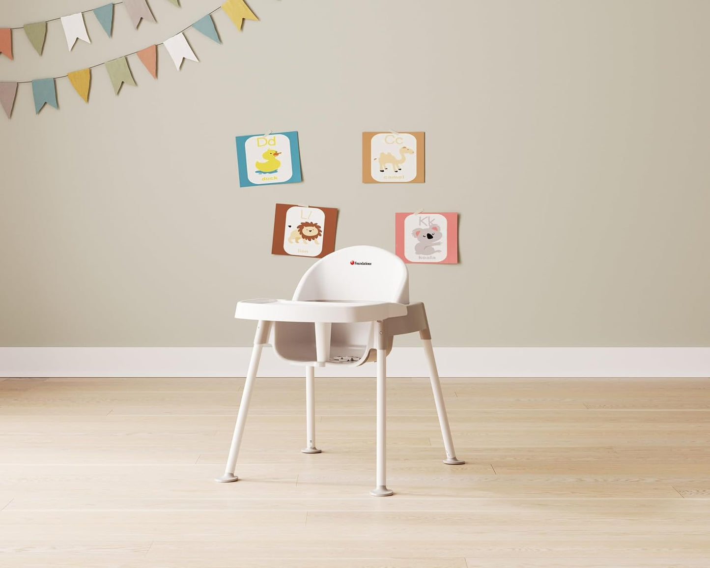 Foundations Secure Sitter 13" Feeding Chair, Stable “No Tip” Feet, 3-Point Adjustable Harness, Removable Tray, Easy to Clean, Smooth Plastic (White/Tan)