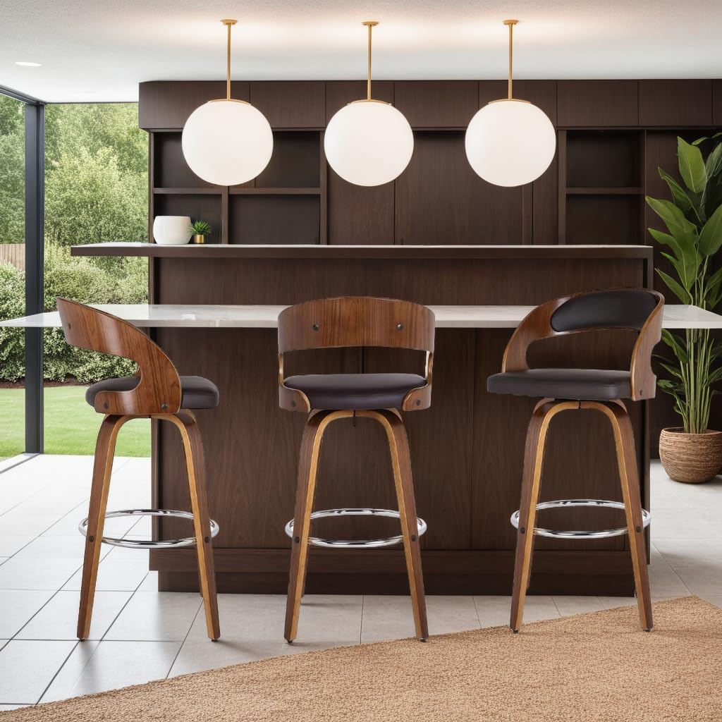 Armen Living Shelly 30" Bar Height Swivel Brown Faux Leather and Walnut Wood Bar Stool - Set of 2