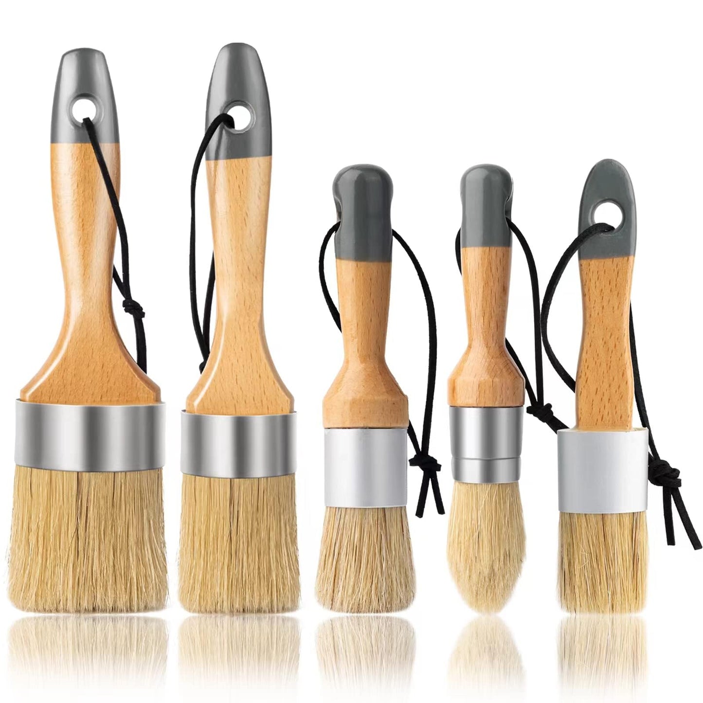 YiBaiBrush Chalk Paint Brush, Wax Paint Brush Set of 5, Wax Brushes and Chalk Paint for Furniture DIY Art Crafts, Natural Bristle Round Oval Brush for All Painting and Waxing
