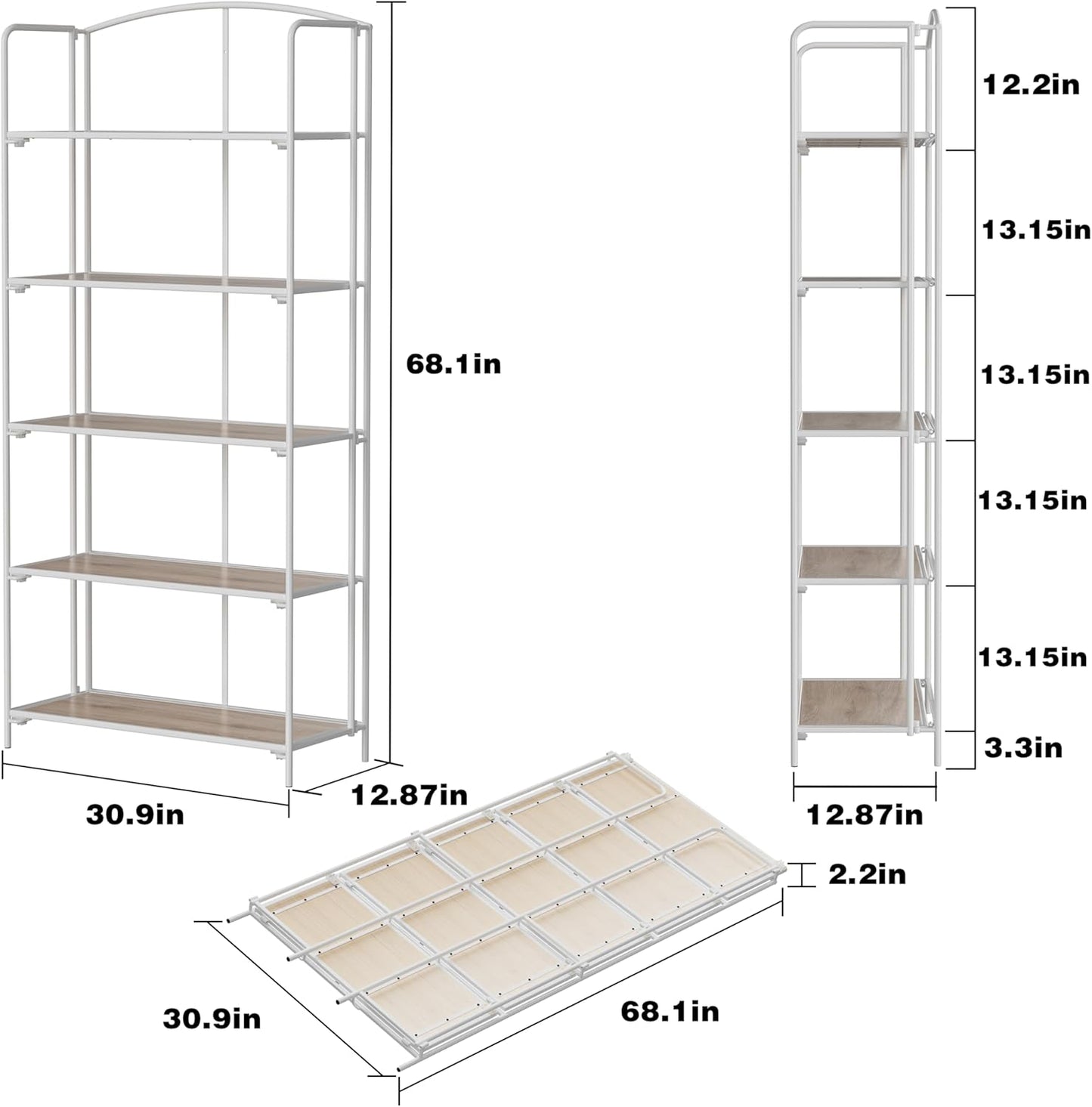 Crofy No Assembly Folding Bookshelf for Living Room, 5 Tier White Collapsible Book Shelf for Home Office, Portable Bookcase Storage Organizer